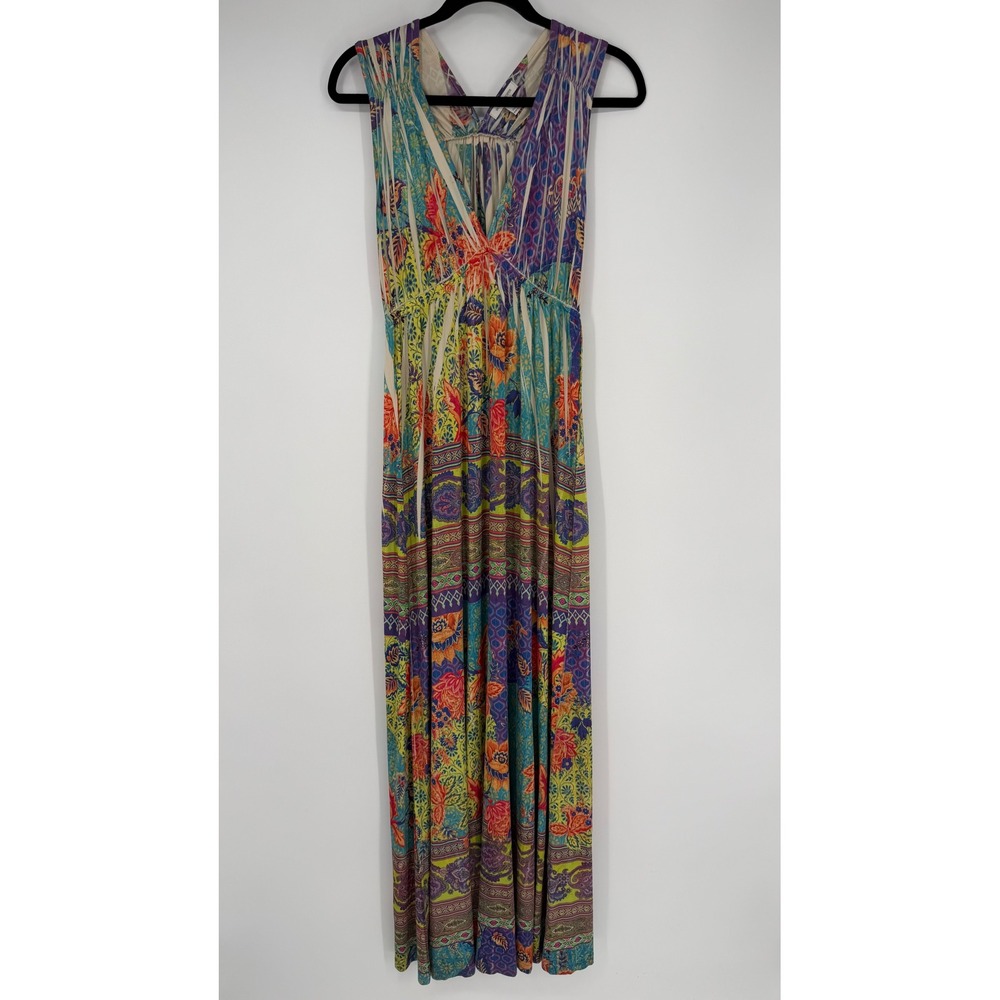 BOSTON PROPER MULTICOLOR SLEEVELESS FLOWY BOHO HIPPY MAXI DRESS SMALL ARTSY BOHO